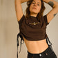 T-shirt vintage brun chocolat avec lacets sur les côtés et broderie fait à la main par l’artiste et désigner québécoise Caroline Auger